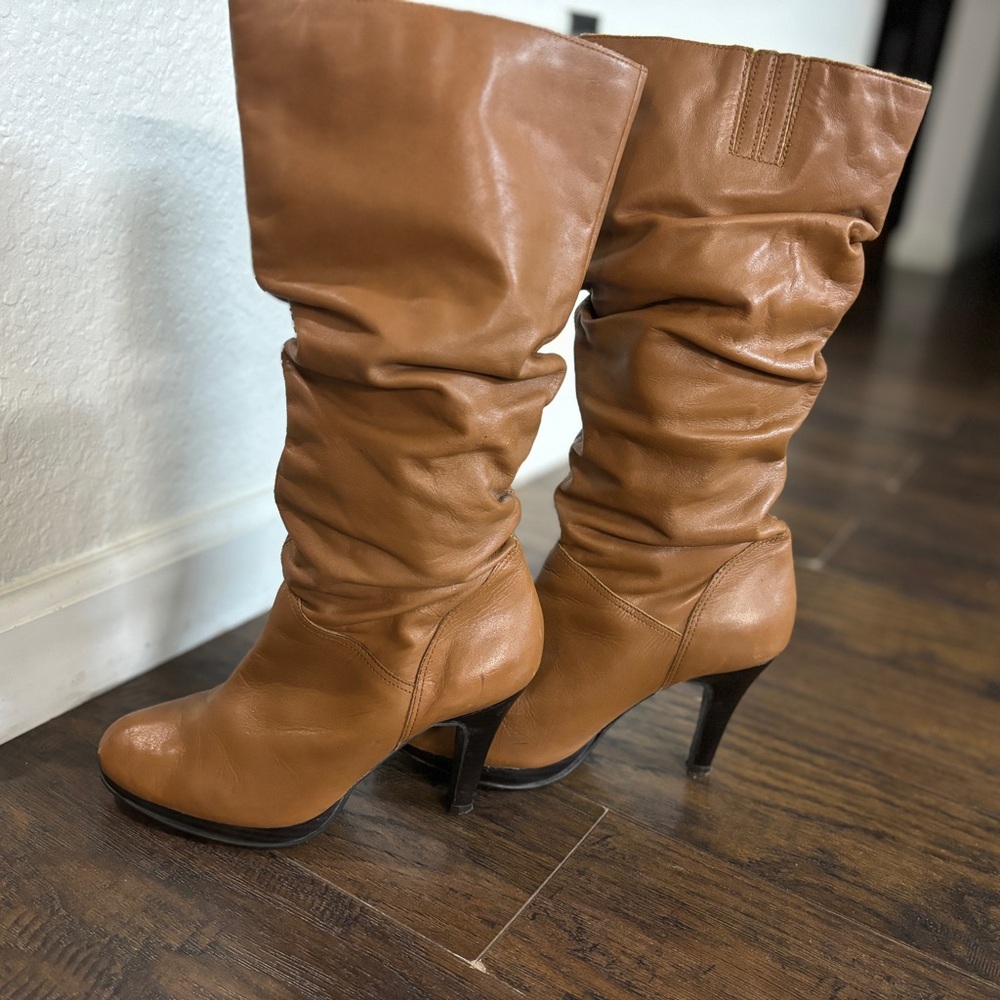 Cathy jean 4 inch heel slouch Brazilian leather boots size 6 cognac color